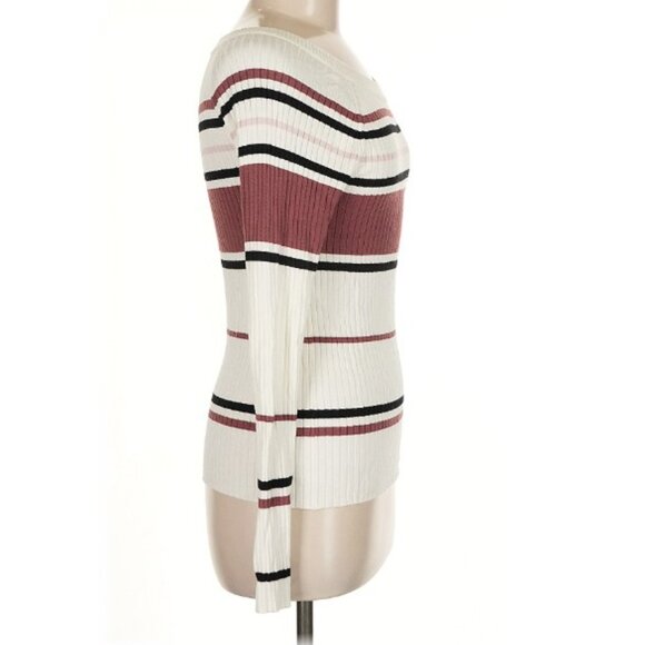Women's Express long sleeve striped, white/black/mauve, pullover sweater. Medium - Picture 3 of 9